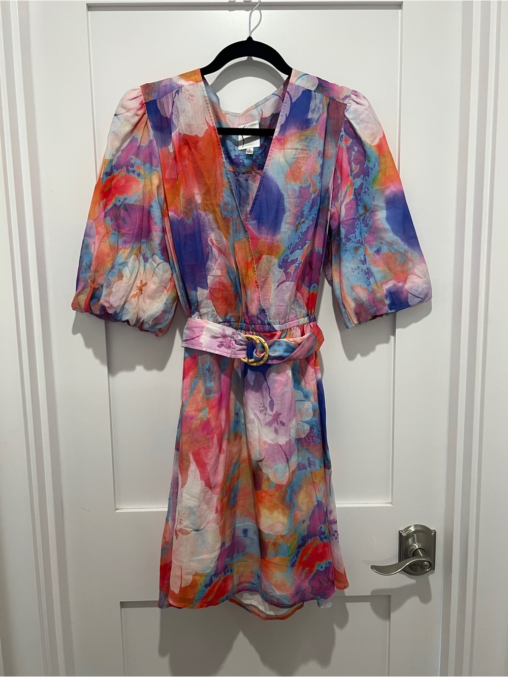 Finley Multicolor Watercolor Puff-Sleeve Mini Dress woman’s size large